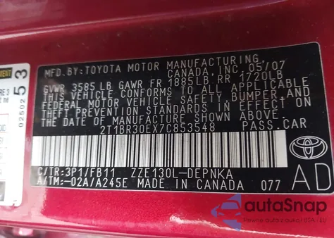 2007 Toyota Corolla Le from USA, damaged, VIN 2T1BR30EX7C853548